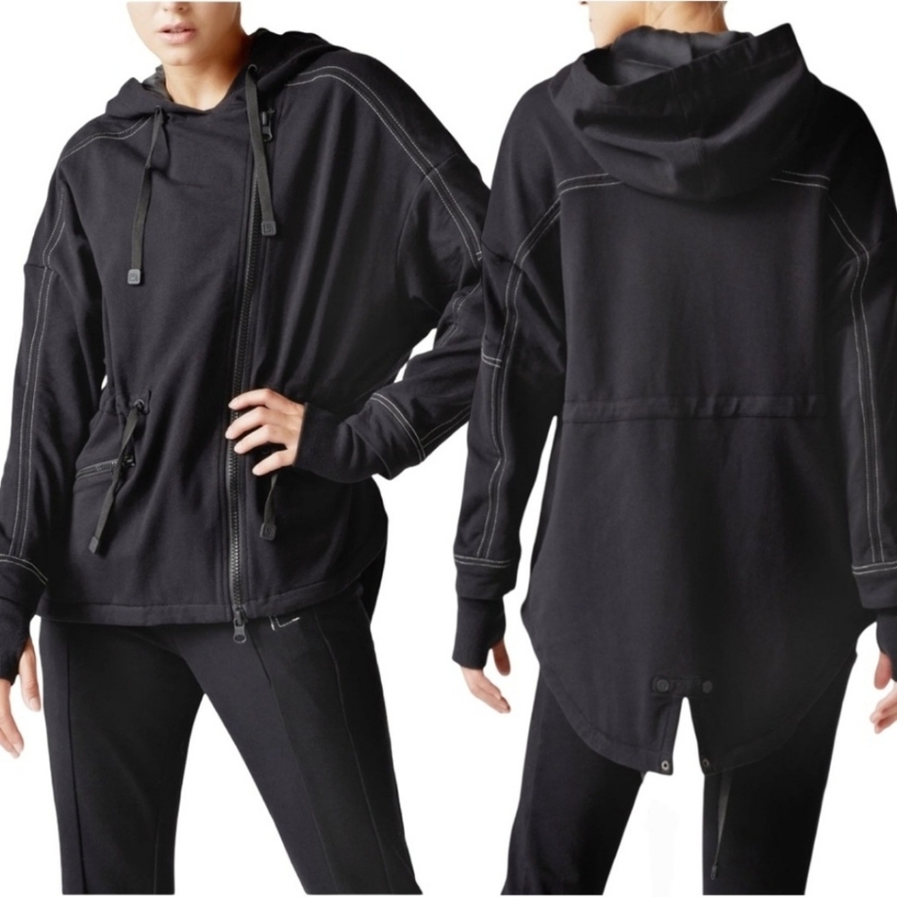 NWT! BLANC NOIR YOLO STITCH ANORAK Hi Low Hoodie Adjustable Waist -Black - Sz M